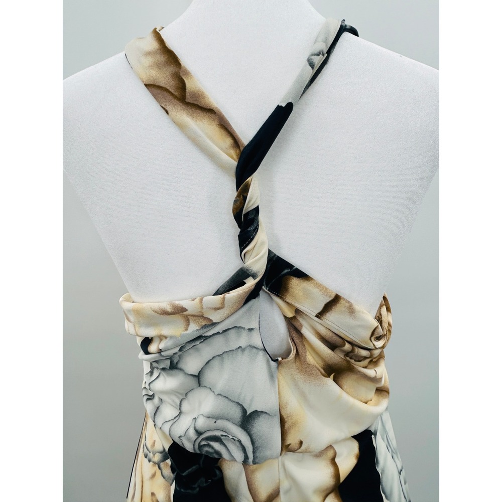 Newport News Halter Maxi Dress L Floral Beige Black Stretch Boho Coastal Chic - Picture 6 of 10